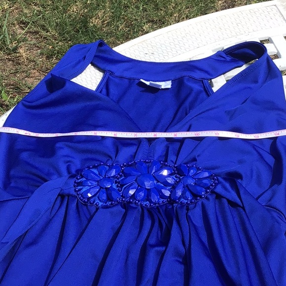 NEW YORK & COMPANY STRETCH BLUE MAXI DRESS WITH BEADED BELT FRONT - Picture 8 of 9